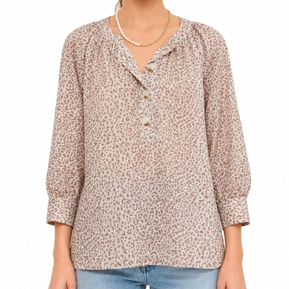 Tuckernuck Light Leopard Print Brannen Blouse Cotton 3/4 Sleeve Size Medium